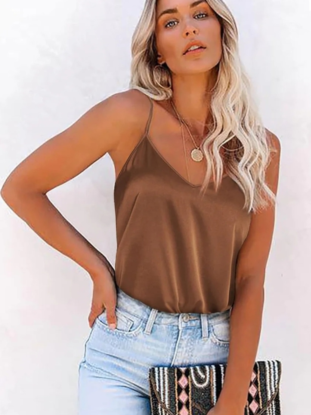 Classic Brown V-Neck Satin Cami — Minimalist Everyday Tank